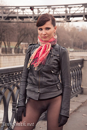 Jenny Smith in seamless pantyhose in the street